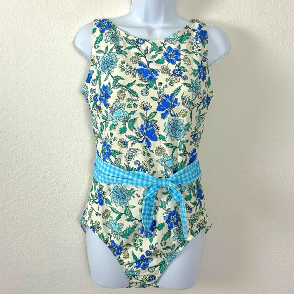 Lands' End Tummy Control Tie Front One Piece Swimsuit Lotus Floral Size 12 NWT